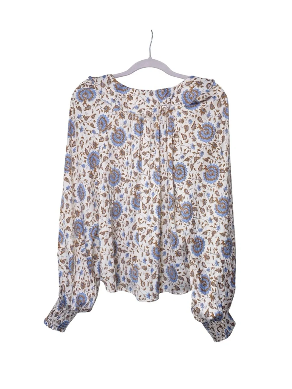 By Anthropologie Blue Floral Boho Blouse - Tie-Neck Puff Sleeve Button Front
